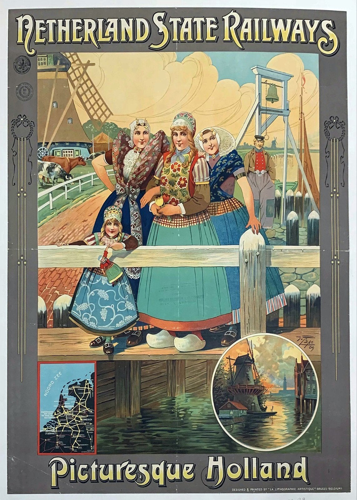 Vintage Poster: Netherland State Railways - Holland, Ophalen of Verzenden, A1 t/m A3, Overige onderwerpen, Rechthoekig Staand