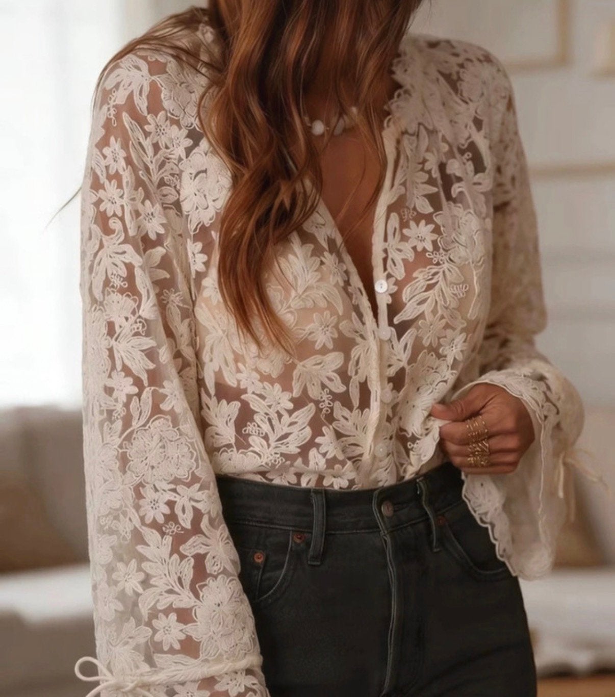 Shein dames kant blouse wit creme overhemd M 38, Verzenden, Zo goed als nieuw, Maat 38/40 (M), Wit