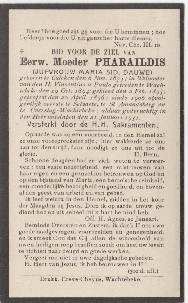 zr. Maria S. Dauwe 1874 Calcken + 1931 Overslag-Wachtebeke, Verzenden