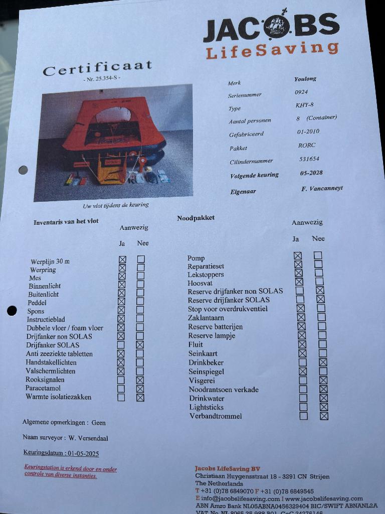 Reddingsvlot Jacobs 8 pers, Watersport en Boten, Ophalen, Zo goed als nieuw, Overige typen