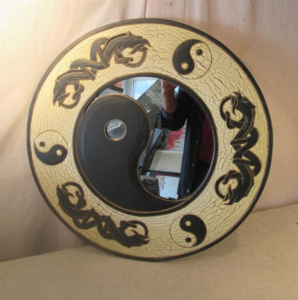 Leuke speciale Spiegel met Yin-yang Symbool - 51cm, Rond, Ophalen of Verzenden, Zo goed als nieuw, Minder dan 100 cm