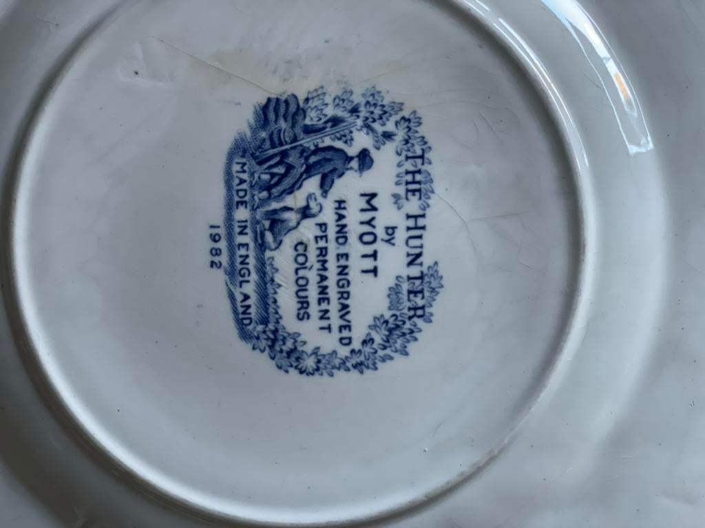 Vintage Myott 'The Hunter' bord, blauw-wit, Made in England, Ophalen