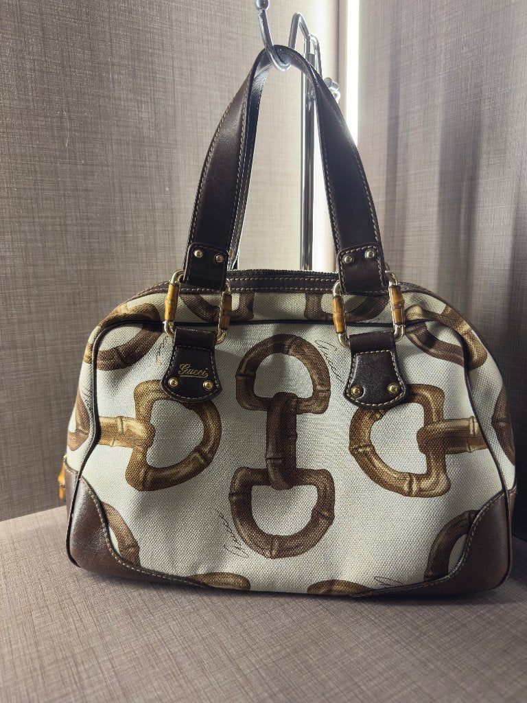 Vintage Gucci Boston Tas - Horsebit & Bamboe Print, Ophalen of Verzenden, Gebruikt, Bruin, Handtas