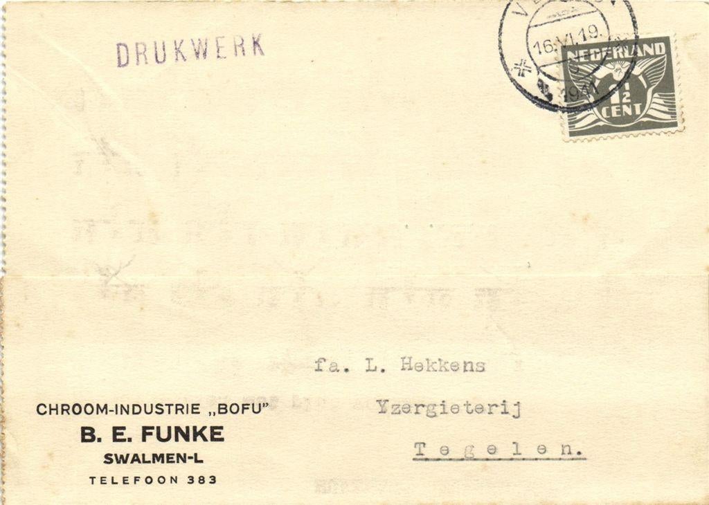 Chroom-Industrie BOFU, Swalmen-L - 06.1941 - drukwerk, Ophalen of Verzenden, Briefkaart