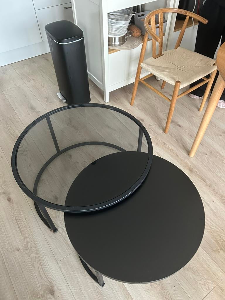 Glazen zwarte salontafel set, Ophalen, Gebruikt, 50 tot 100 cm, Rond