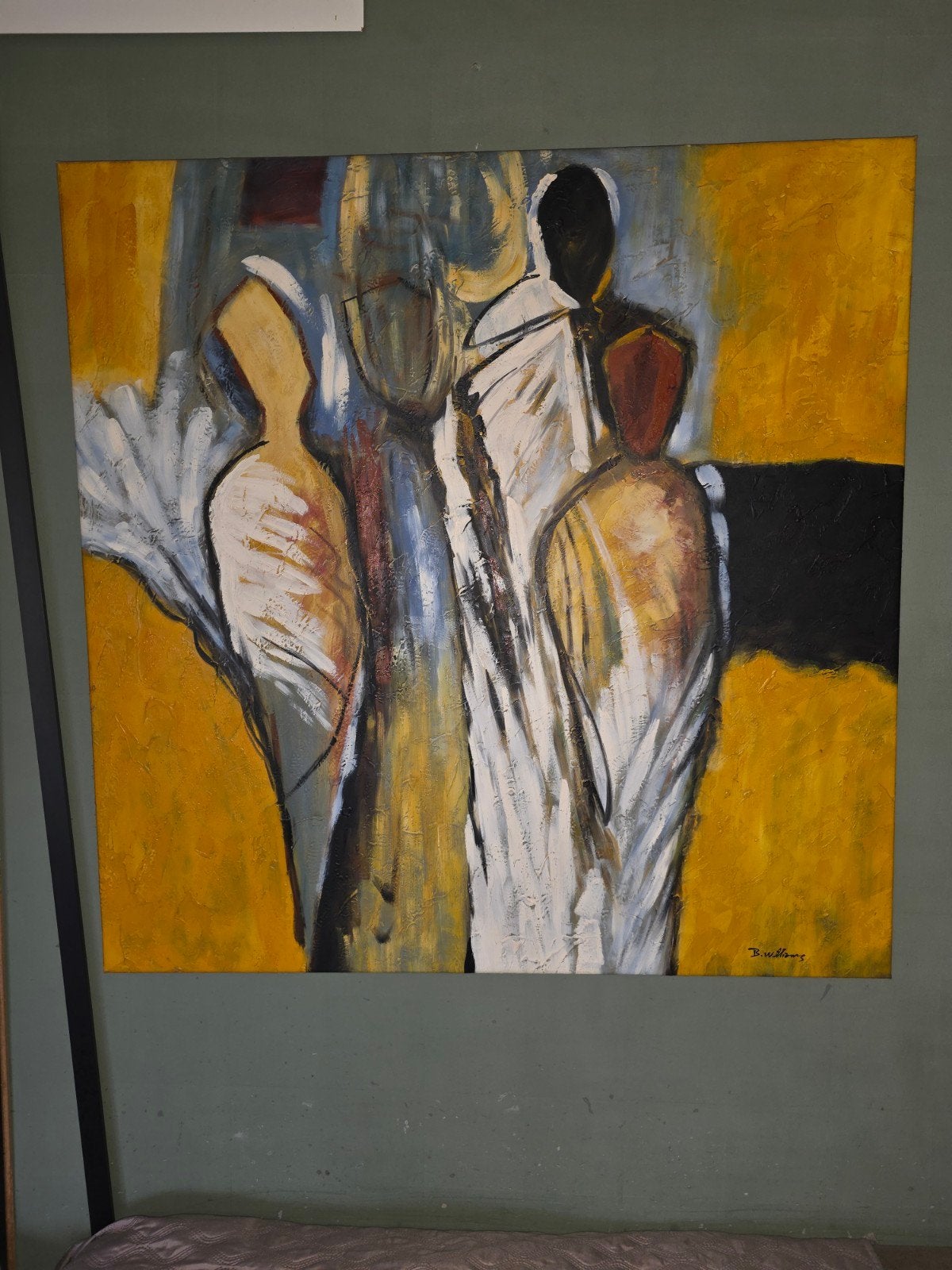 Abstract Schilderij B. Williams - Geel, Blauw, Wit, Antiek en Kunst, Ophalen