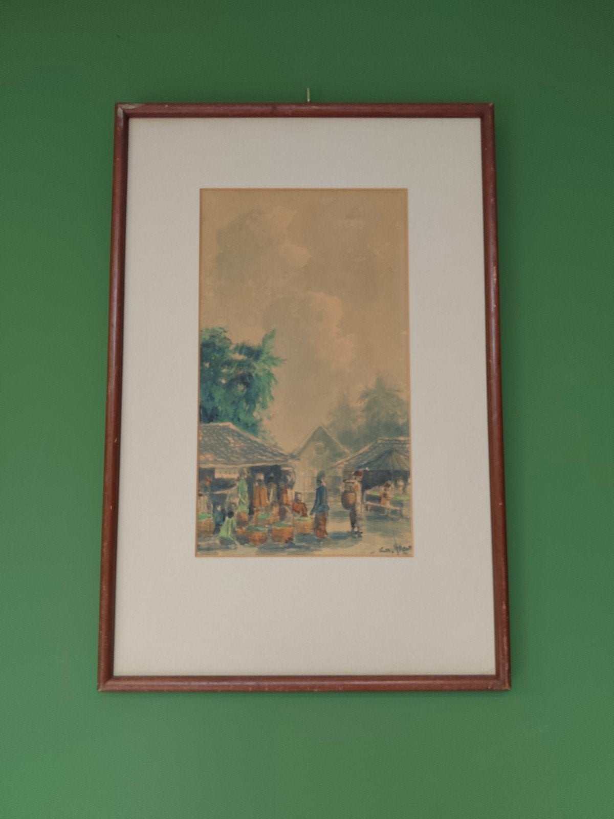 Aquarel van een Indonesische markt, Realistisch, Aquarel, Ingelijst, Ophalen of Verzenden