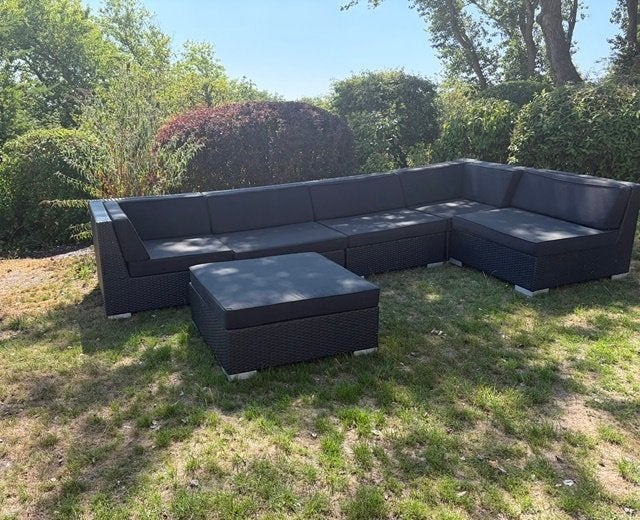 Loungeset zwart wicker 5 zitplaatsen, Ophalen, 5 zitplaatsen, Kunststof, Gebruikt