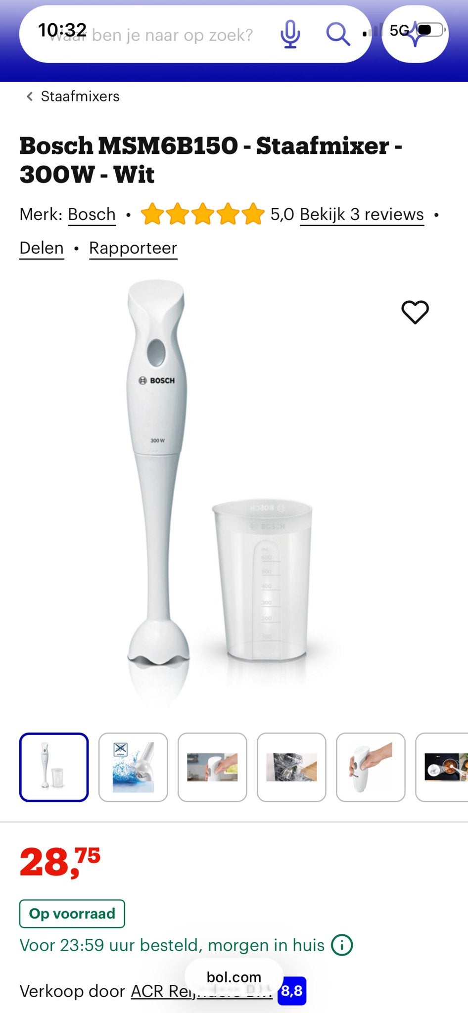 Bosch MSM6B150 Staafmixer - Wit (Nieuw, zonder beker), Witgoed en Apparatuur, Minder dan 1 liter, Ophalen of Verzenden, Nieuw