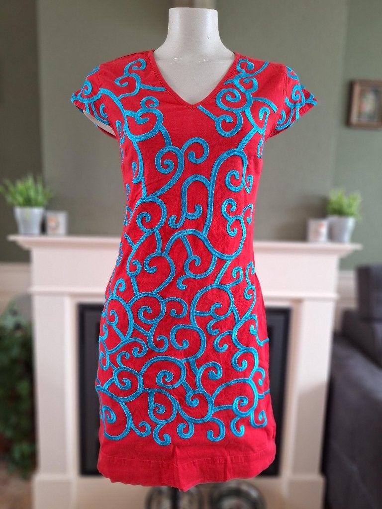 Almatrichi schitterend rood blauw jurk S 36 / 38, Kleding | Dames, Verzenden, Knielengte, Almatrichi, Maat 36 (S)