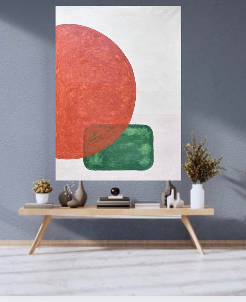 Groot modern schilderij, oranjerood, groen, creme, Ophalen