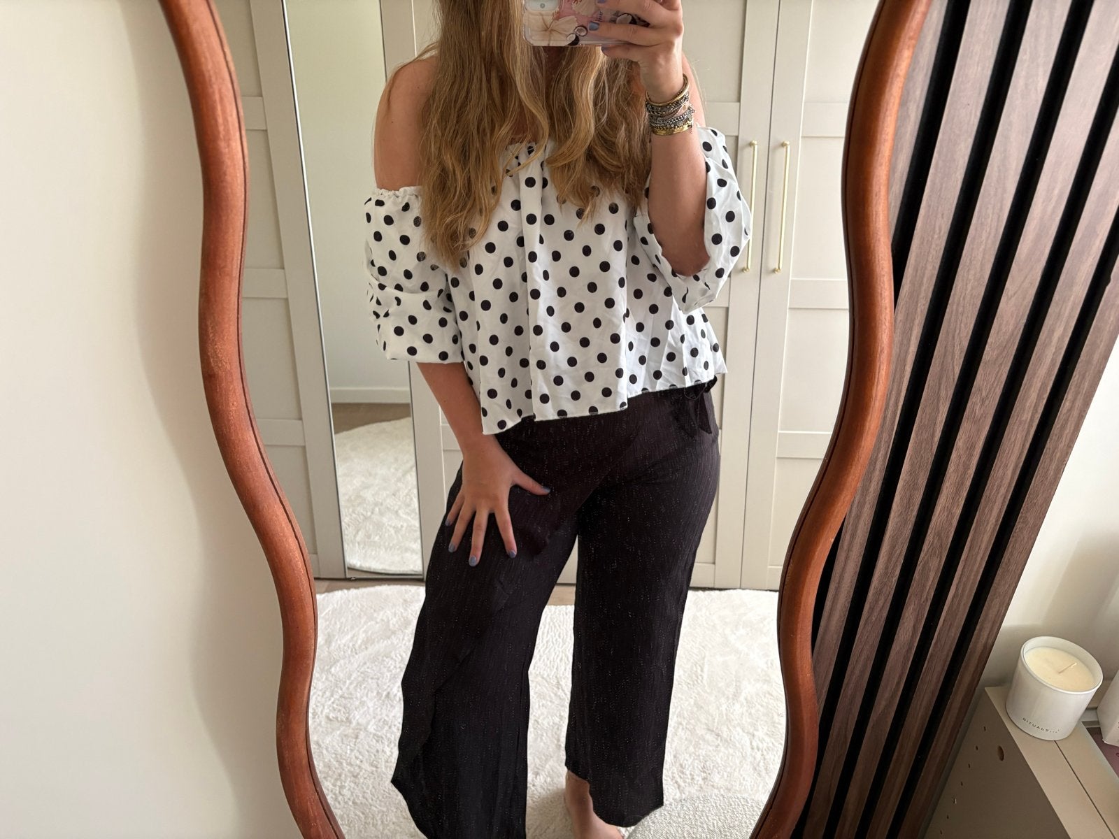 Stippenprint off-shoulder top maat L, Wit, Maat 42/44 (L), Nieuw, Ophalen of Verzenden
