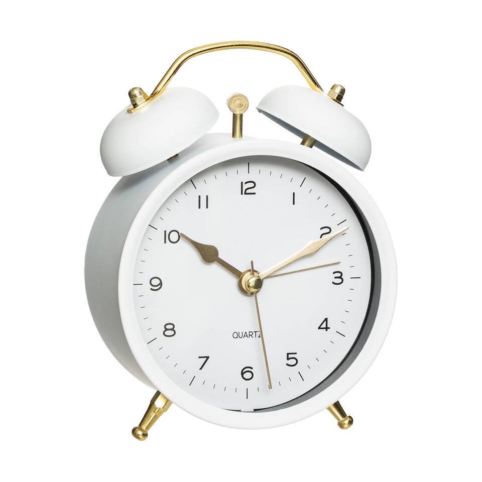 Witte Retro Wekker met Gouden Details, Huis en Inrichting, Wit, Analoog, Werkt op batterijen, Nieuw