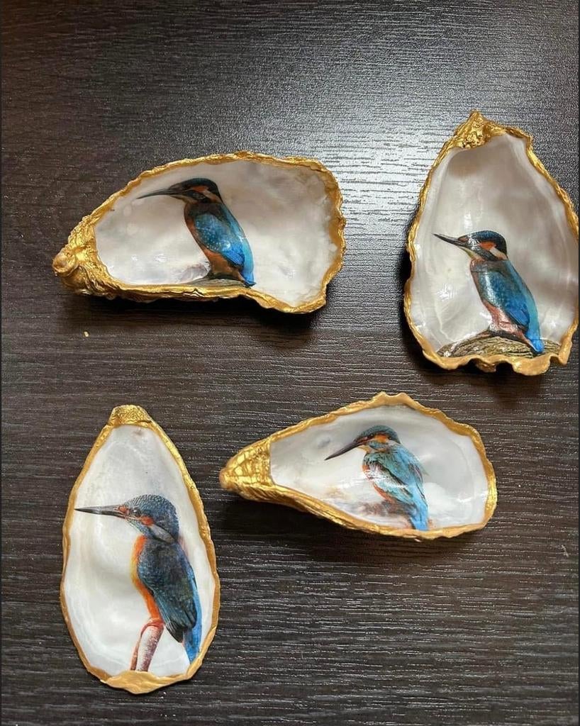 Decoratieve oesterschelpen met ijsvogelprint, Meerkleurig, Overige stijlen, Ophalen of Verzenden, Zo goed als nieuw