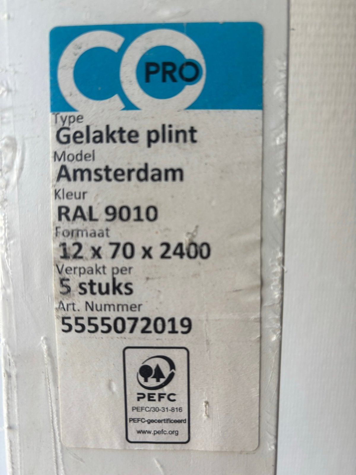 Nieuwe gelakte plint Amsterdam RAL 9010 (12x70x2400), Ophalen, Nieuw, Mdf, 200 tot 250 cm