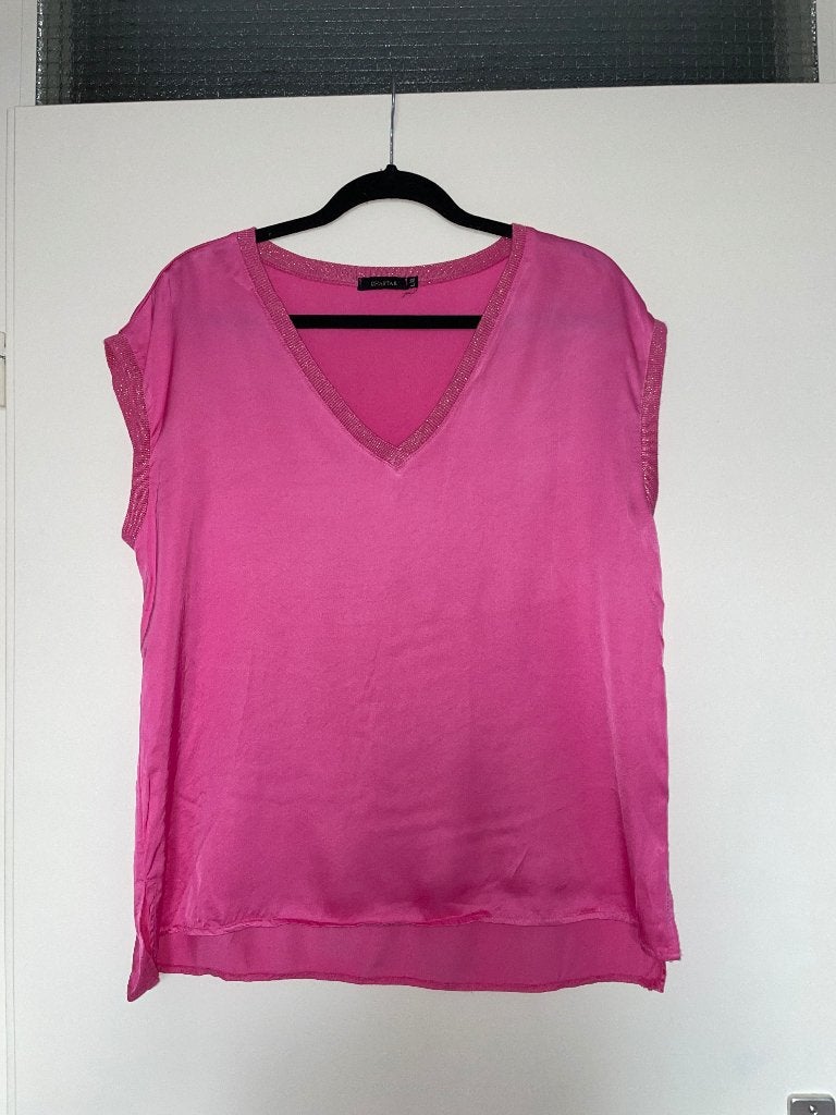 CHASTAR dames roze satijnen look shirt top mt L/XL, Ophalen of Verzenden, Zo goed als nieuw, Korte mouw, Roze