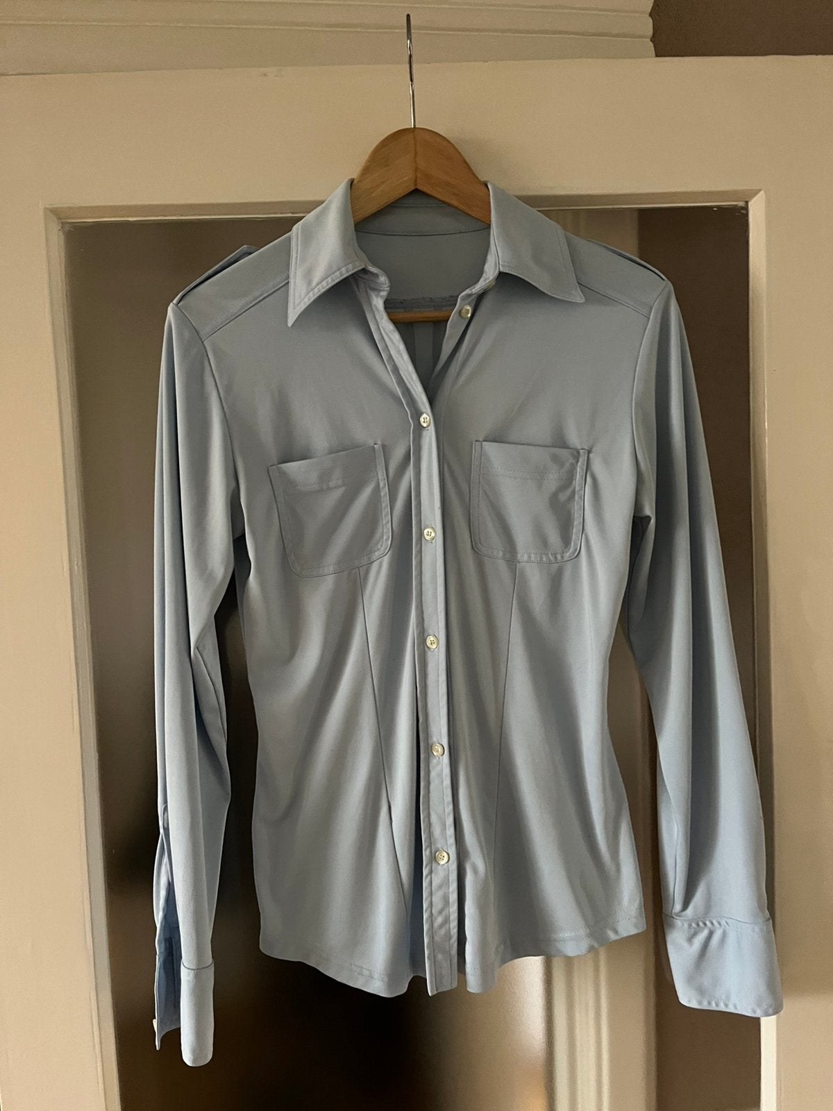 Lichtblauwe blouse, maat M, polyester (kreukvrij), Ophalen of Verzenden, Gedragen, Maat 38/40 (M), Blauw