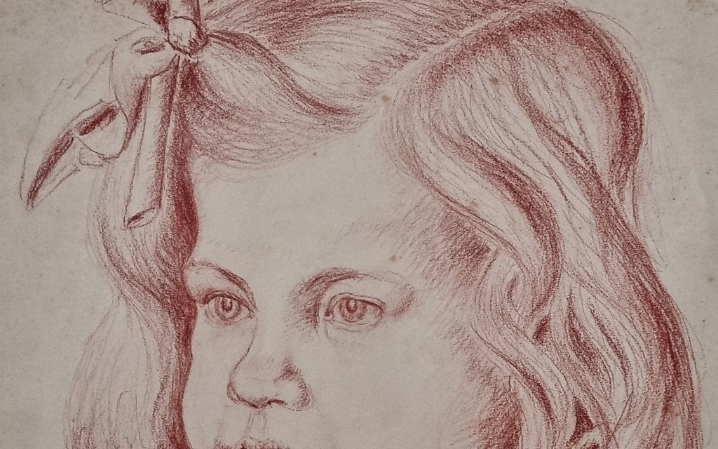 Rood krijt portret meisje met strik - Weiner, maart 1945, Ophalen, Tekening, Krijttekening, Gesigneerd