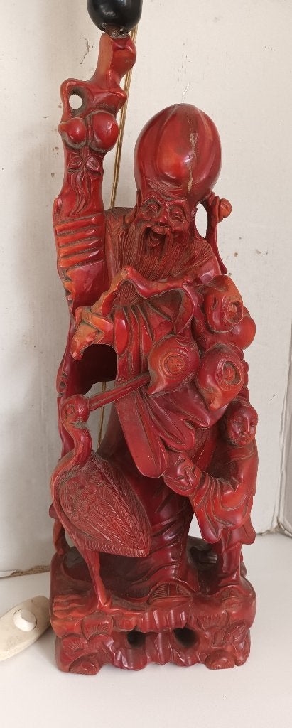 Antiek Houten beeld lamp van chinese god Shou Xing Lao, Hout, Gesneden, Ophalen of Verzenden, China
