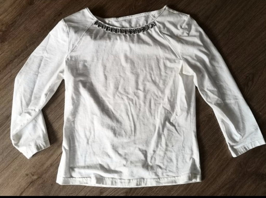 Leuke witte top met glinstersteentjes langs de hals. Maat S, Wit, Ophalen of Verzenden, Zo goed als nieuw, Lange mouw