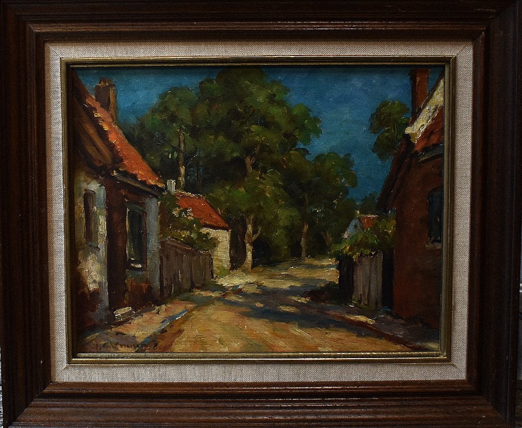 Oud dorpsgezicht ( Elburg?), J.v.Vuuren., Paneel, Verzenden, Olieverf, Klassiek