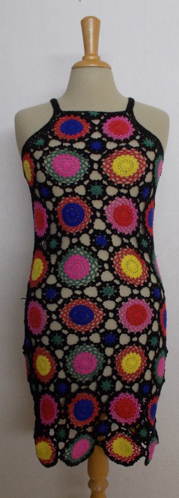 100% katoenen crochet knitwear/gehaakt kleurtjes jurkje! M/L, Maat 38/40 (M), Zo goed als nieuw, Knielengte, Meerkleurig