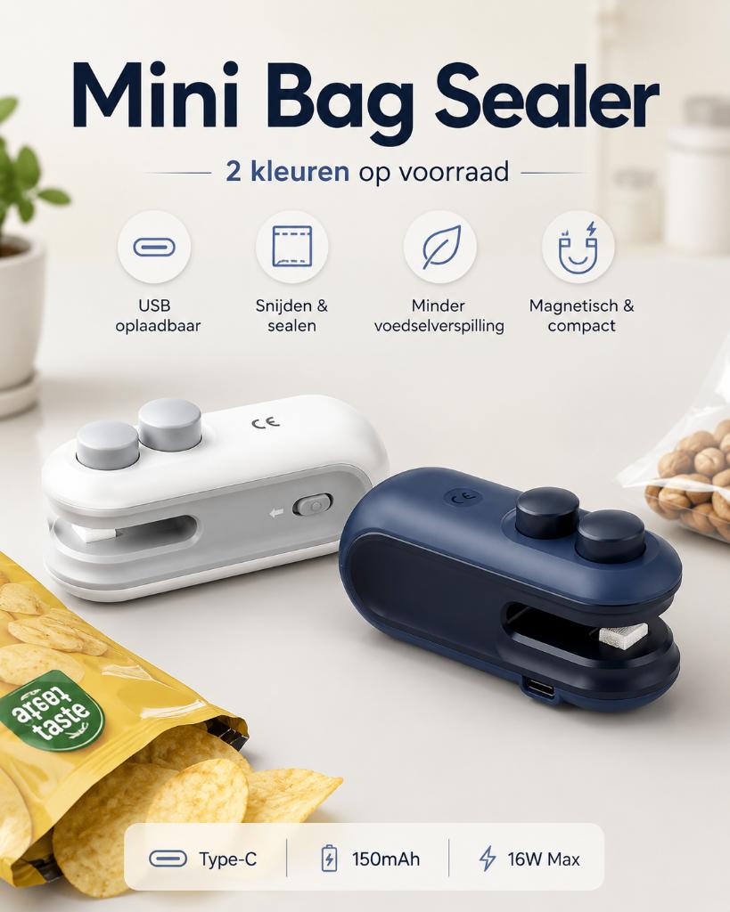 Mini bag sealer 2-in-1 met cutter | USB oplaadbaar, Overige typen, Kunststof, Nieuw, Ophalen of Verzenden