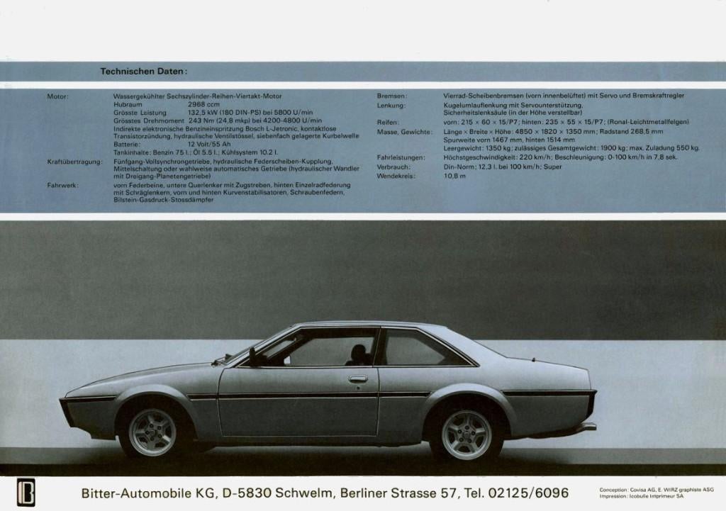 Bitter SC fraaie originele brochure/auto folder '80, Ophalen, Nieuw, Overige merken