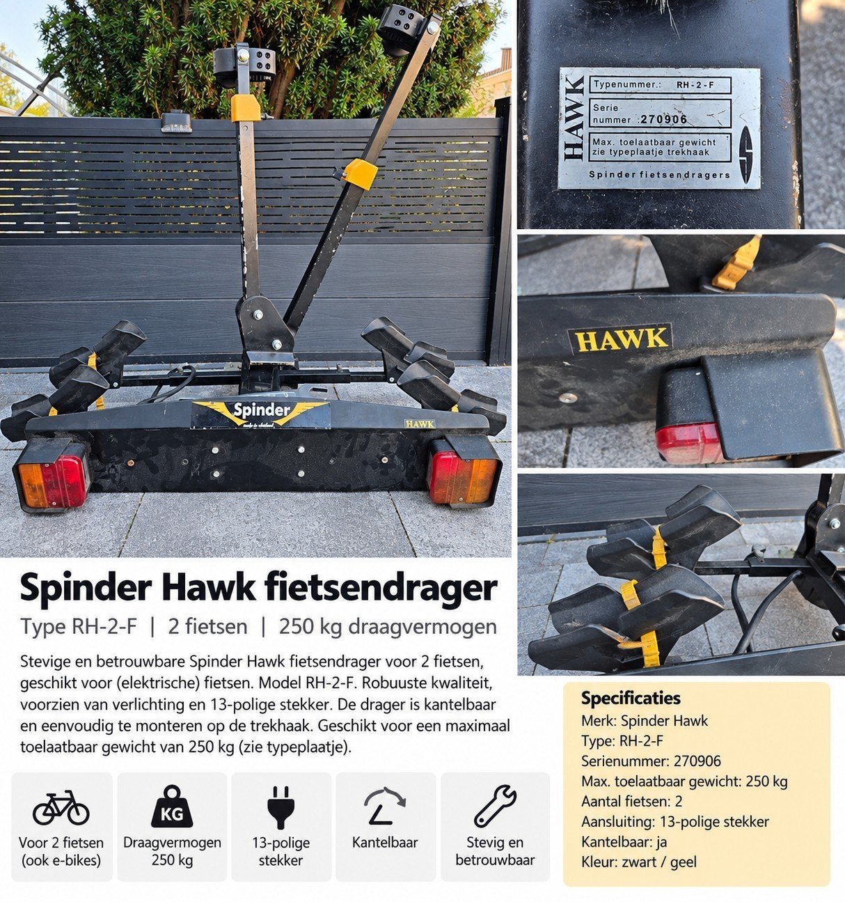 Spinder Hawk fietsendrager – 2 fietsen, Ophalen, Gebruikt, Trekhaakdrager