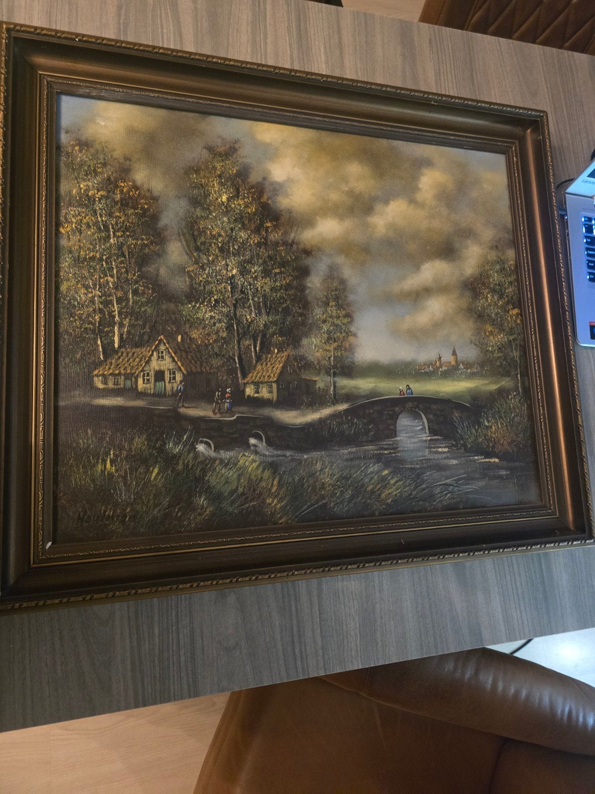 Schilderij Houtman Antiek: Landschap met Huizen en Brug, Ophalen of Verzenden