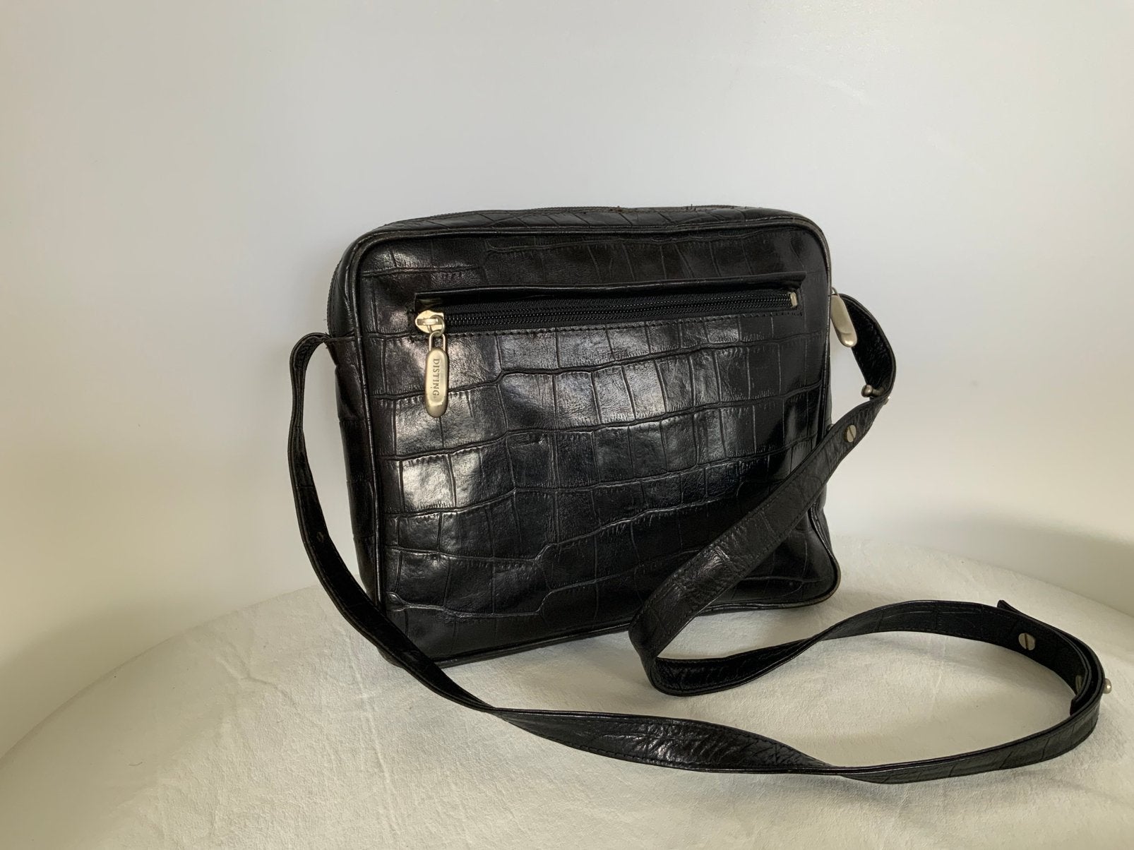 Disting vintage zwart lederen crossbody tas kroko, Overige merken, Zwart, Ophalen of Verzenden, Zo goed als nieuw