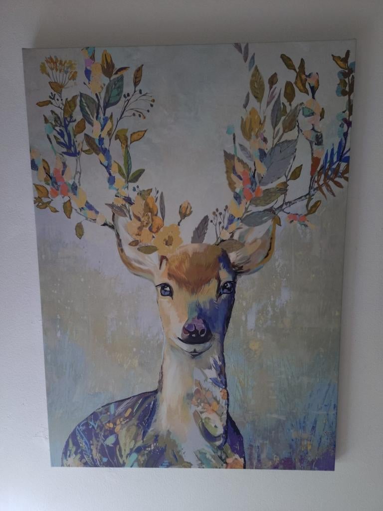 Schilderij hert met bloemen en bladeren op gewei, Ophalen of Verzenden