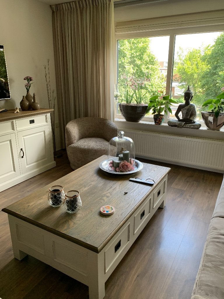 Salontafel creme wit en eiken, Ophalen of Verzenden, Rechthoekig, 100 tot 150 cm, 50 tot 100 cm