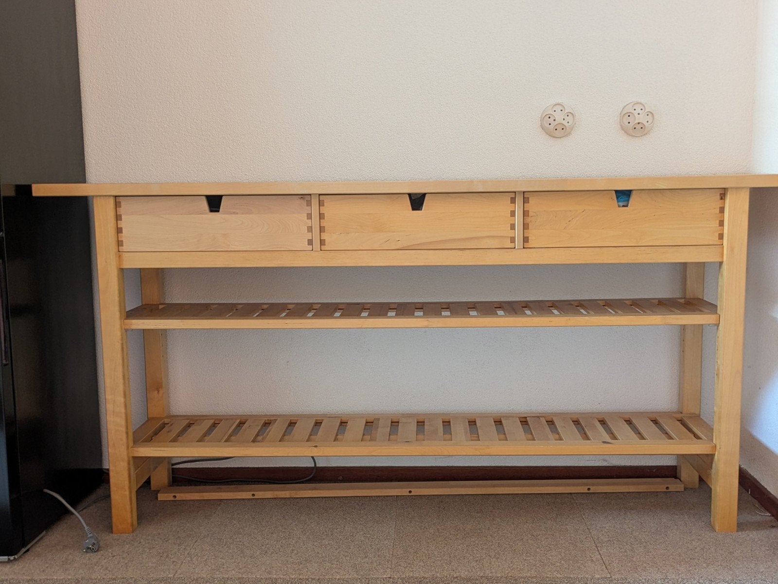 Houten sidetable met lades en planken - 42x188 cm, Ophalen, Gebruikt, 25 tot 50 cm, Rechthoekig