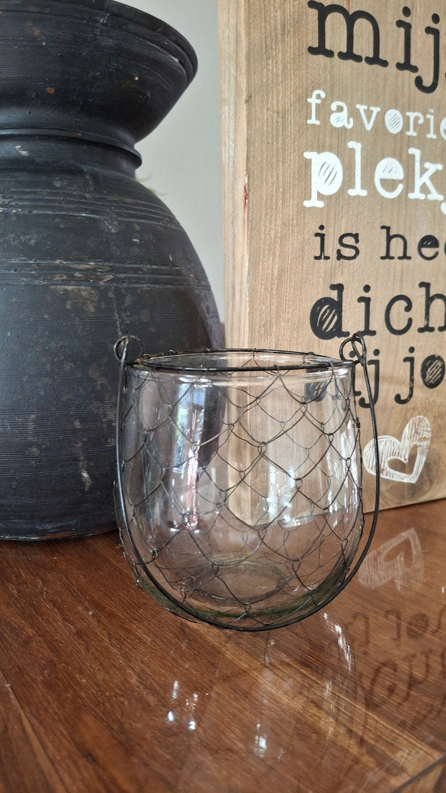 Glazen windlicht met metalen mandje, Ophalen, Gebruikt, Glas, Landelijk