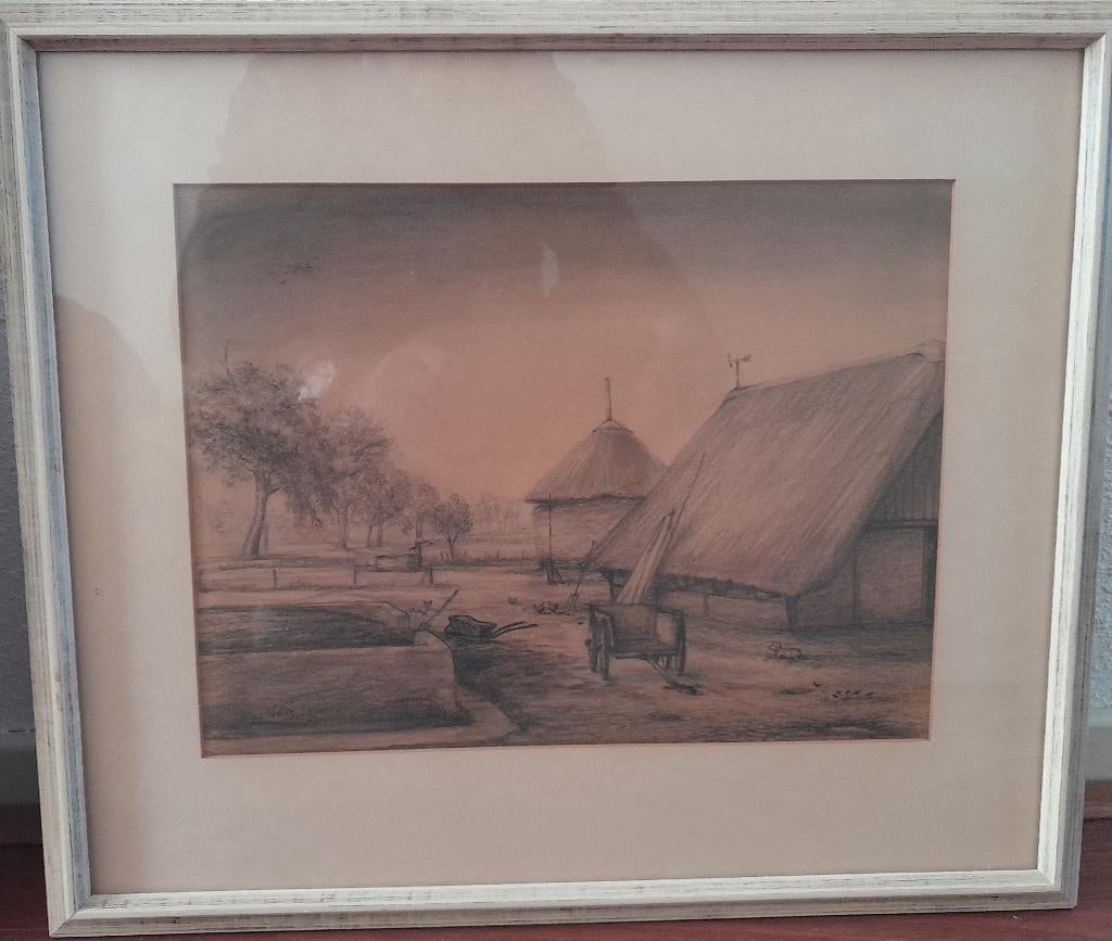 Boerderijtje, inclusief lijst, tekening met bruin krijt, Ophalen, Minder dan 50 cm, Gebruikt, Oorspronkelijke maker