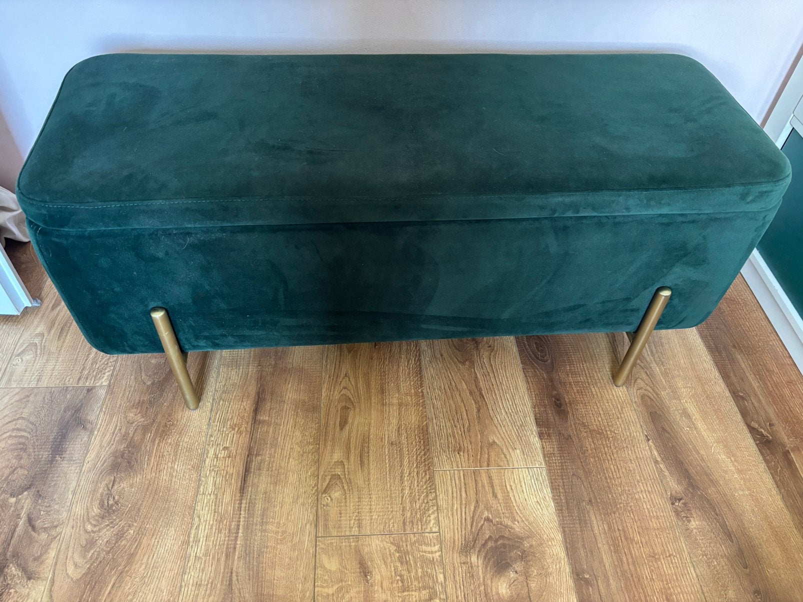 Donker groene velvet opbergbank/ottoman/hocker, Huis en Inrichting, Banken | Voetenbanken en Poefen, Ophalen, Minder dan 50 cm