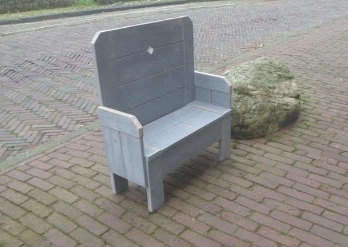 Houten halbankje grijs brocante 75 cm. breed kinderbankje, Ophalen of Verzenden