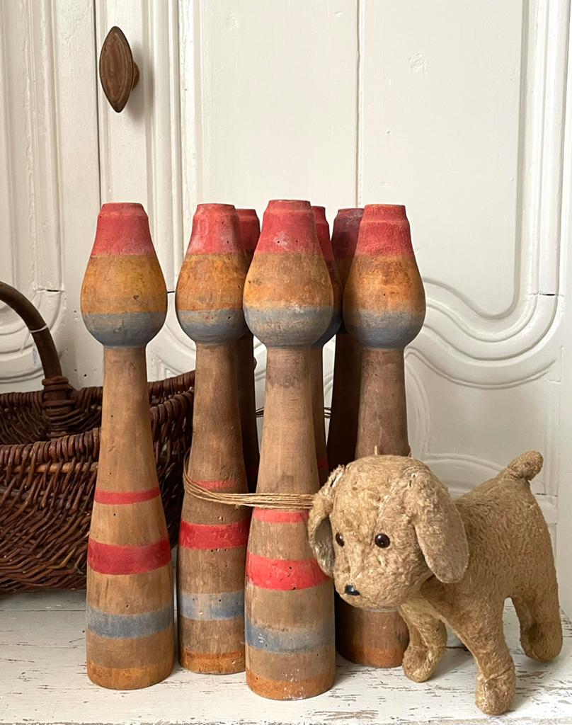 SALE….. brocante oude houten kegels XL 8 delig, Ophalen of Verzenden