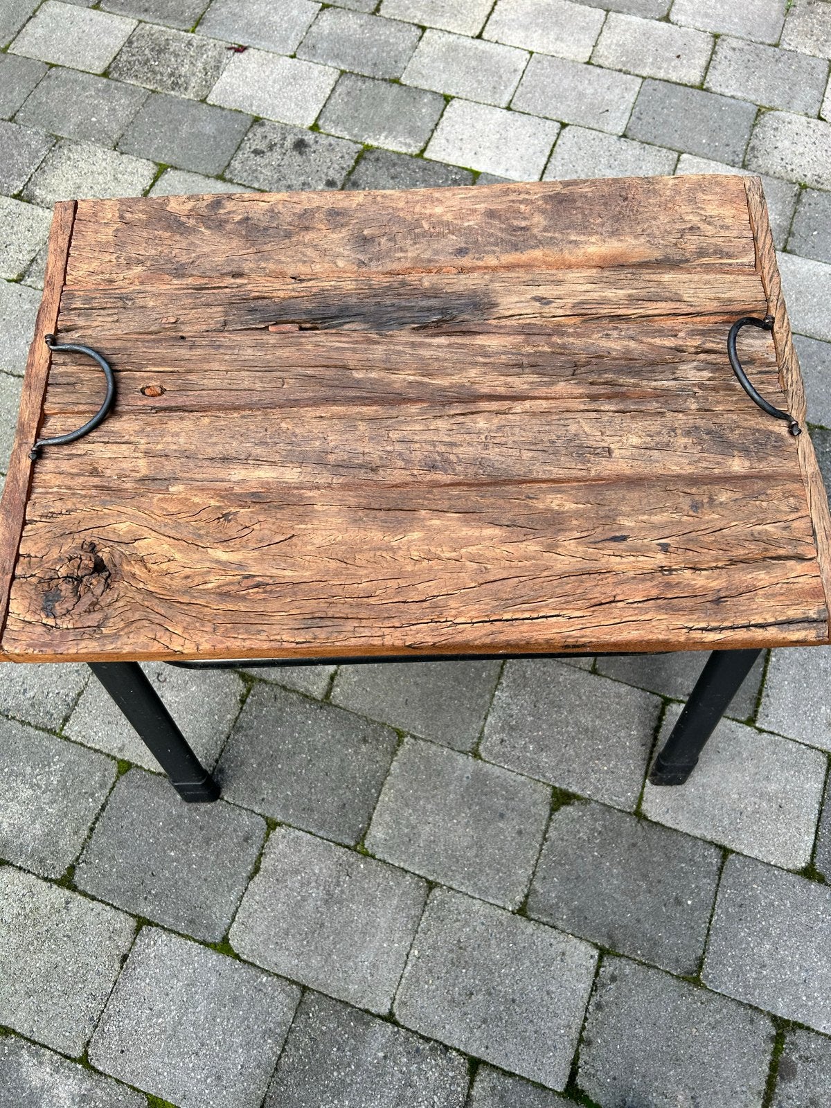 Rustieke houten dienblad met metalen handvatten, Ophalen, Gebruikt, Dienblad, Rechthoekig