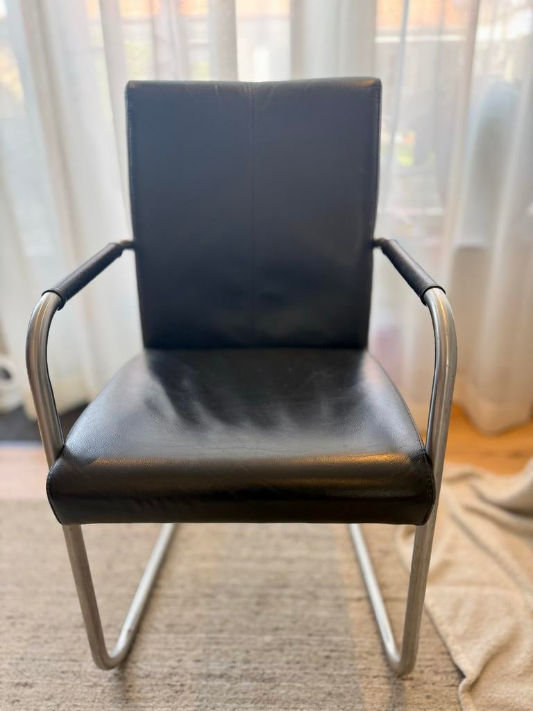 Moet weg! 6 Zwarte Lederen stoelen - geborsteld RVS, Ophalen, Gebruikt, Zwart, Leer