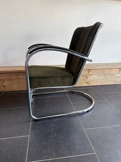 Gispen 412 fauteuil, hoogglans , nieuwe mosgroene ribstof, Design, 75 tot 100 cm, Zo goed als nieuw, Stof