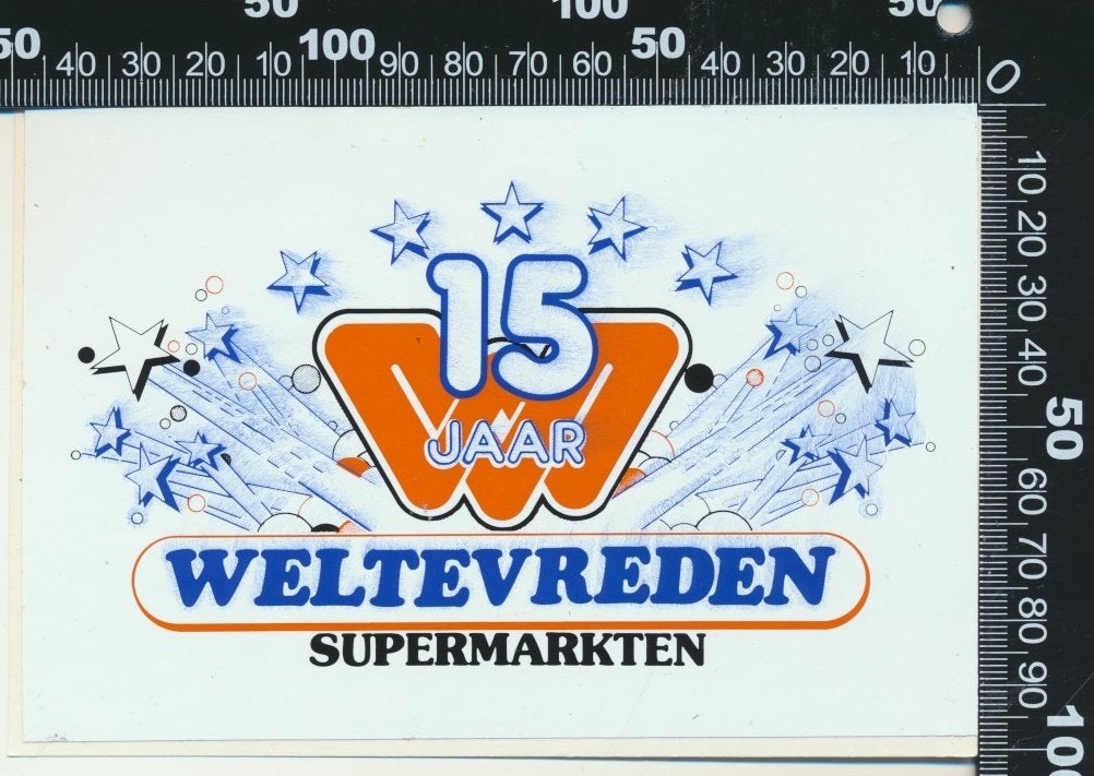 Sticker: Weltevreden Supermarkten - 15 Jaar, Ophalen of Verzenden, Zo goed als nieuw, Bedrijf of Vereniging
