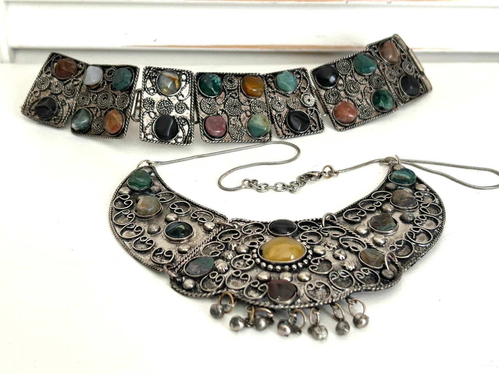 Twee vintage colliers ketting met half edelstenen, Ophalen, Zo goed als nieuw, Steen of Mineraal