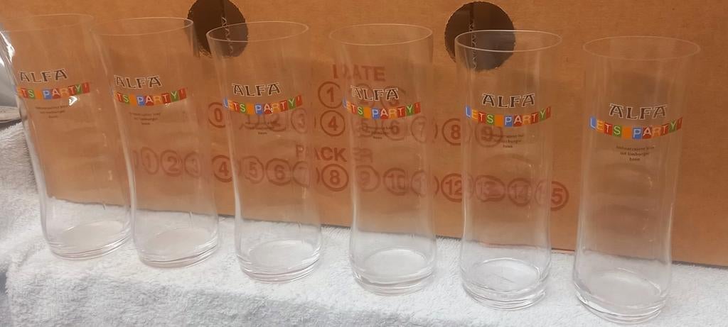 Alfa bier - 6 stuks glazen - Lets Party, Verzamelen, Biermerken, Ophalen of Verzenden, Zo goed als nieuw, Glas of Glazen, Overige merken