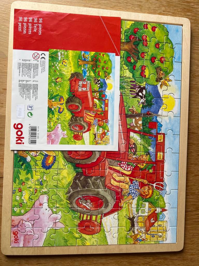 Goki Houten Boerderij Puzzel 96 Stukjes, Kinderen en Baby's, Speelgoed | Kinderpuzzels, Zo goed als nieuw, 4 tot 6 jaar, Meer dan 50 stukjes