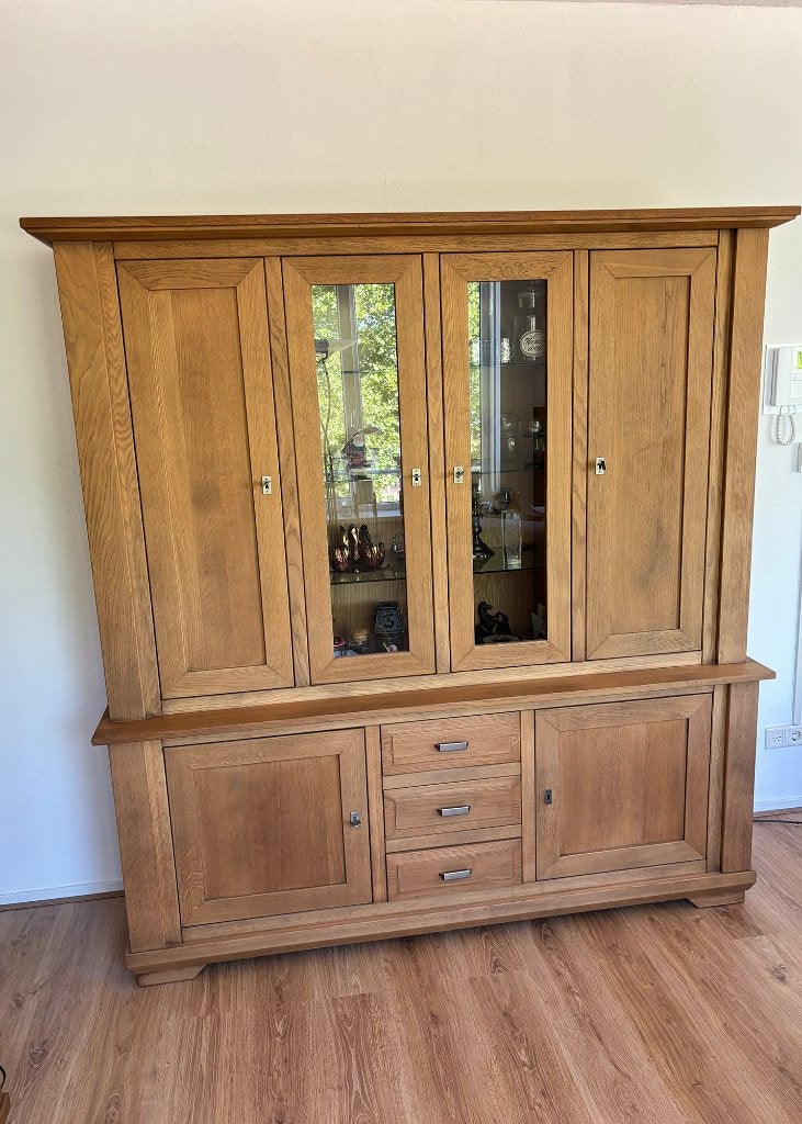 Complete massief eiken meubelset – 3 kasten + TV-meubel, Ophalen, Glas, Modern Eiken, 150 tot 200 cm