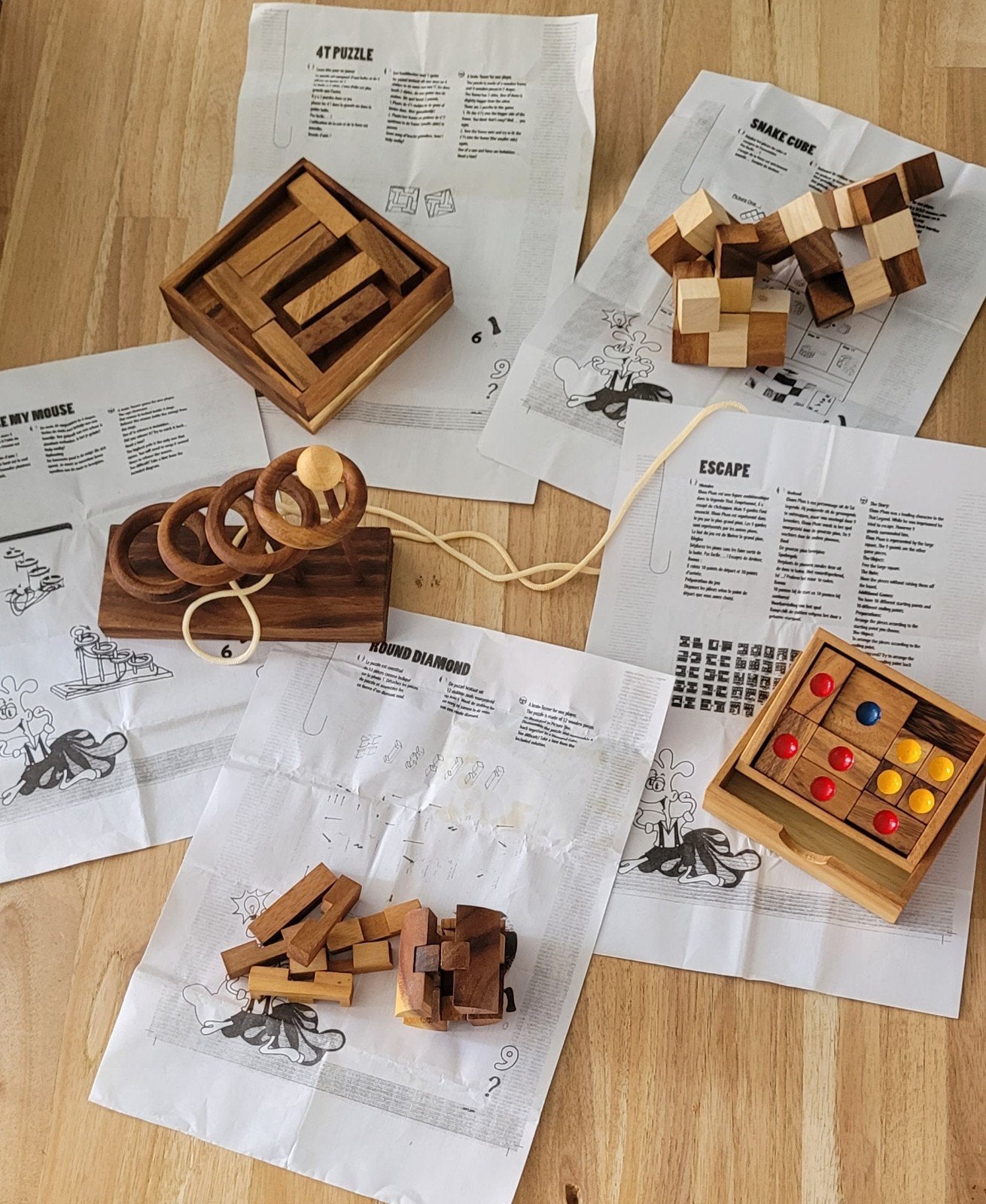 Houten Puzzel Set: 5 Verschillende Breinbrekers, Hobby en Vrije tijd, Ophalen of Verzenden, Minder dan 500 stukjes, Gebruikt, Rubik's of 3D-puzzel