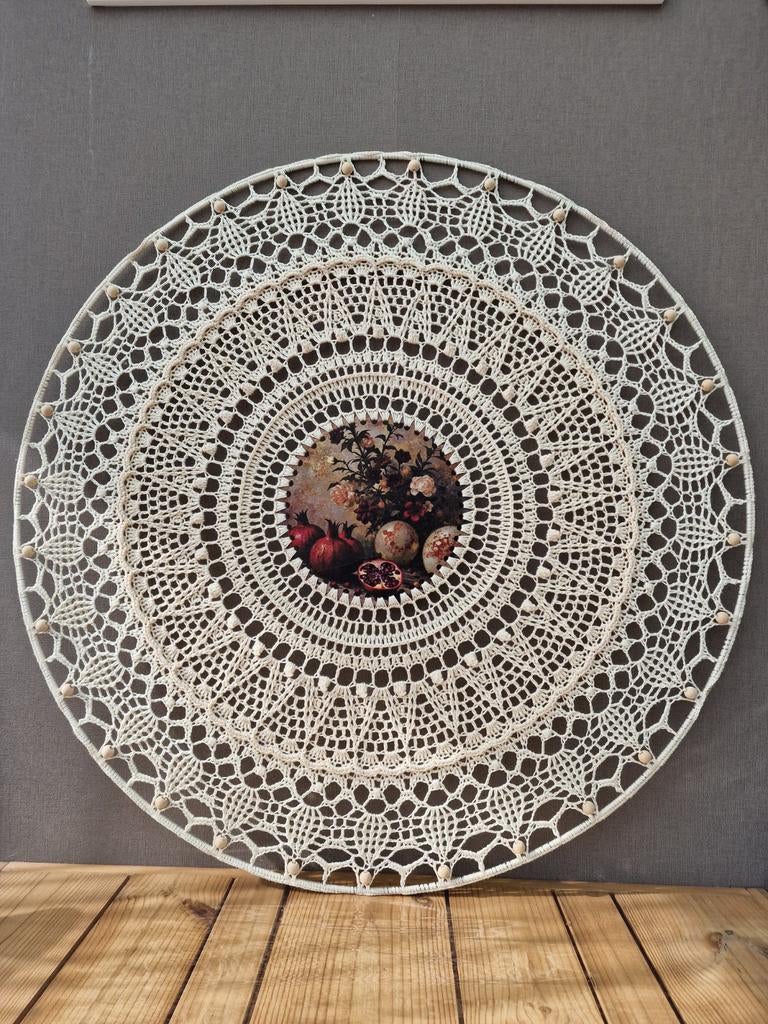 Unieke Gehaakte Mandala Wanddecoratie met houten  Kunstprint, Ophalen of Verzenden, Zo goed als nieuw, Haken, Overige typen