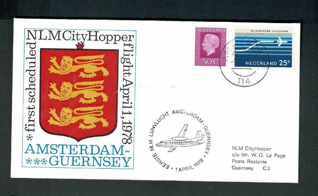 KLM 1e lijnvlucht Amsterdam-Guernsey NLM City Hopper 1978, Verzamelen, Verzenden, Gebruikt, Kaart, Foto of Prent